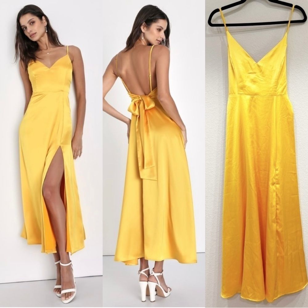 NWOT Lulus Always Audacious Marigold Yellow Satin Tie-Back Midi Dress